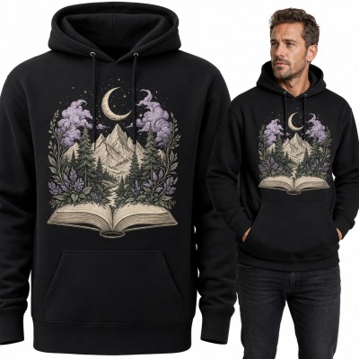 Bluza męska z kapturem - otwarta książka z górami, lasem i półksiężycem dla mola książkowego