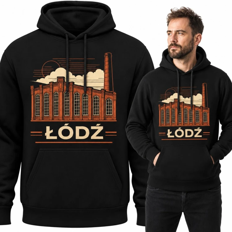 Bluza męska z kapturem „Łódź” - ceglana fabryka z kominem w stylu retro