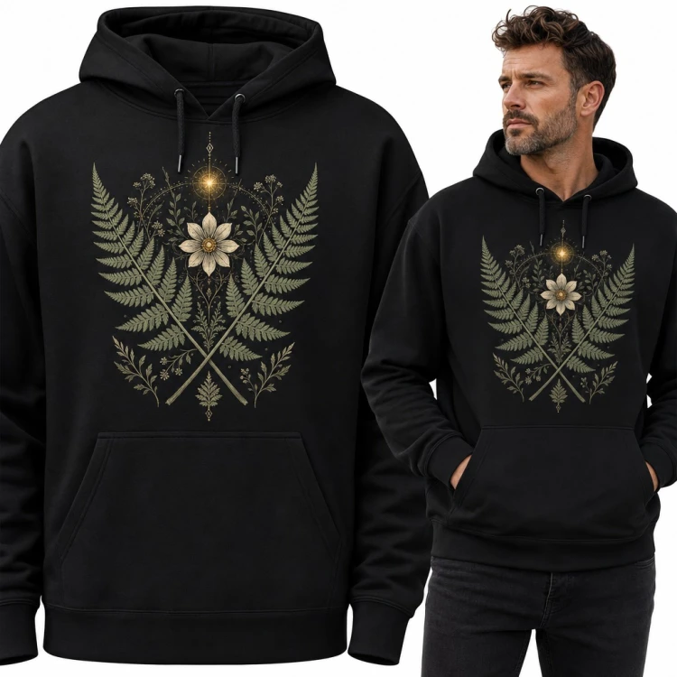 Bluza męska z kapturem - kwiat paproci i skrzyżowane liście paproci w botanicznym stylu