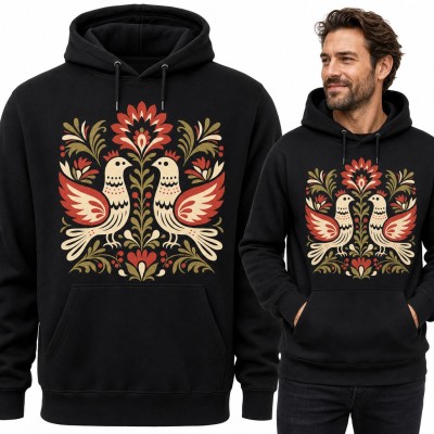 Bluza męska z kapturem - ludowy wzór folk z dwoma ptakami i kwiatami