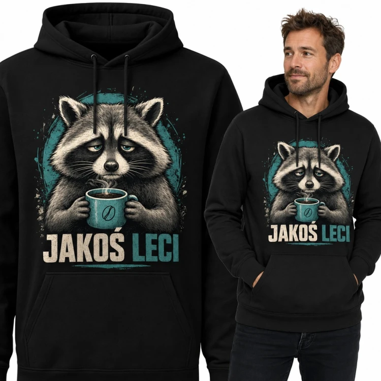 Bluza męska z kapturem - zmęczony szop pracz z kawą „Jakoś leci”