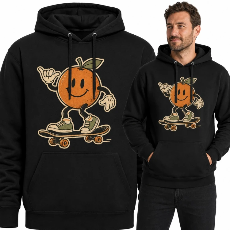 Bluza męska z kapturem - pomarańcza na deskorolce w stylu retro cartoon
