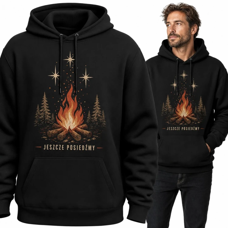 Bluza męska z kapturem „Jeszcze posiedźmy” - ognisko w lesie pod gwiazdami