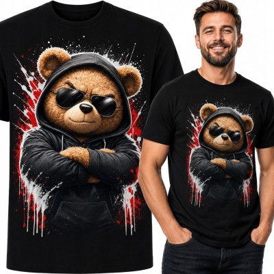 Koszulka męska z misiem w kapturze i okularach - streetwearowy nadruk