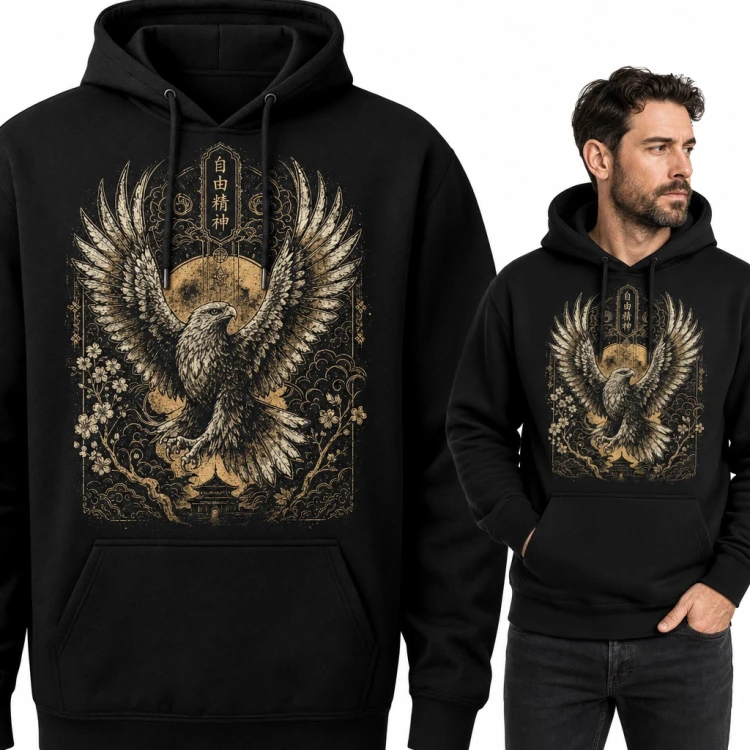 Bluza męska z kapturem - orzeł w japońskim stylu ze złotym księżycem i sakurą