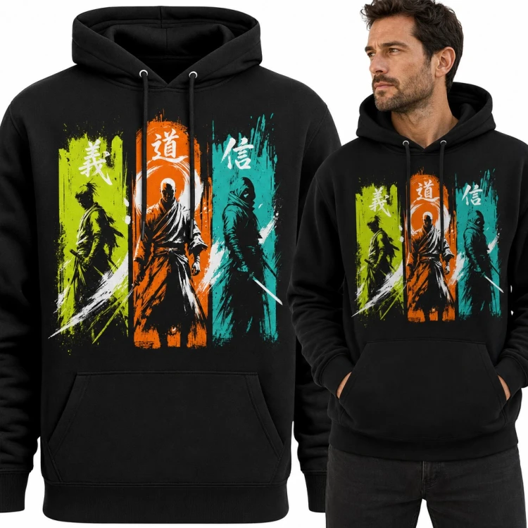 Bluza męska z kapturem - samuraj, mnich i ninja z kanji na kolorowych pasach