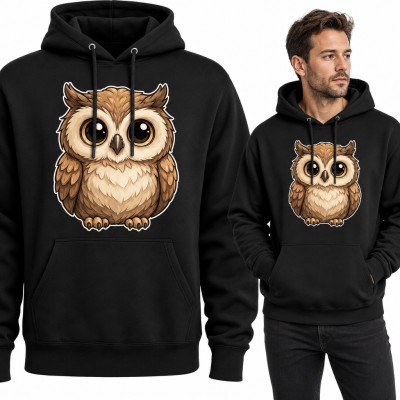 Bluza męska z kapturem - urocza sowa z wielkimi oczami w stylu naklejki