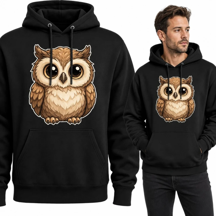 Bluza męska z kapturem - urocza sowa z wielkimi oczami w stylu naklejki