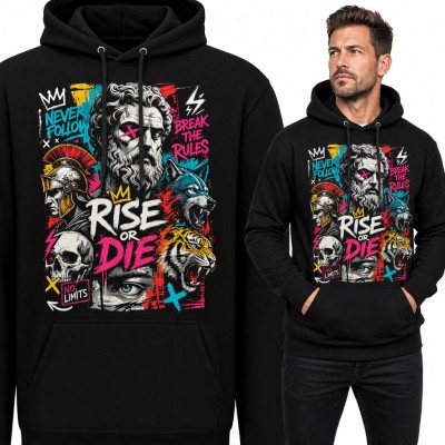 Bluza męska z kapturem „Rise or die” - graffiti z gladiatorem, wilkiem i tygrysem