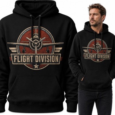 Bluza męska z kapturem - retro emblemat lotniczy z samolotem śmigłowym „Flight Division” dla pilota