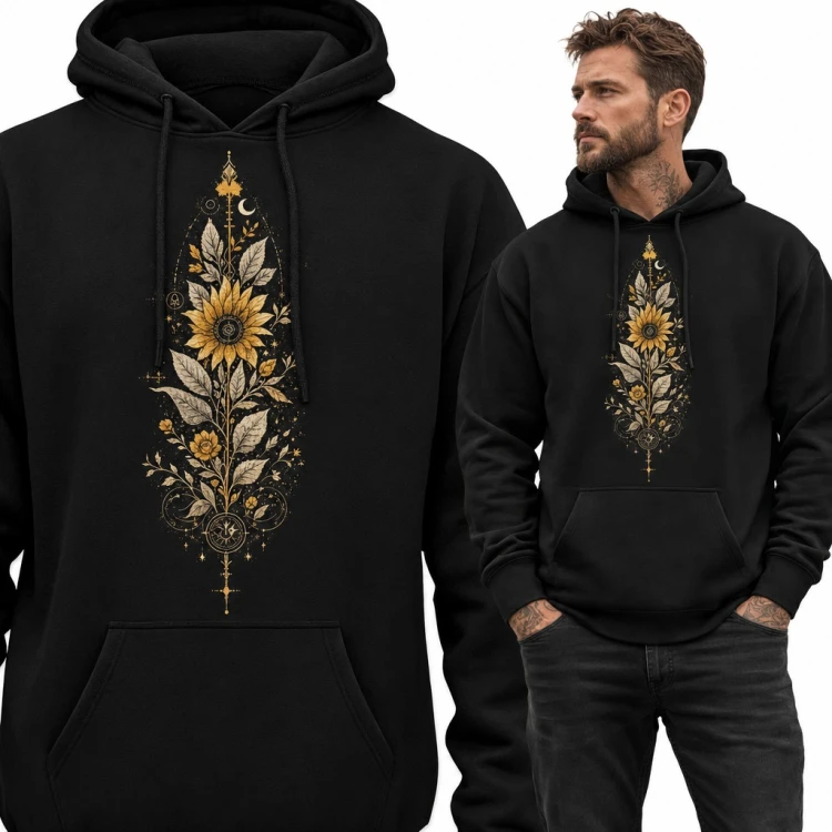 Bluza męska z kapturem - złoty słonecznik z półksiężycem w stylu boho