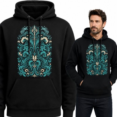 Bluza męska z kapturem - turkusowy ornament z trójzębem i morskimi falami
