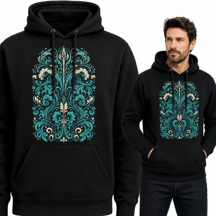 Bluza męska z kapturem - turkusowy ornament z trójzębem i morskimi falami