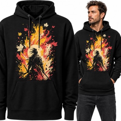 Bluza męska z kapturem - samuraj z kataną wśród jesiennych liści klonu
