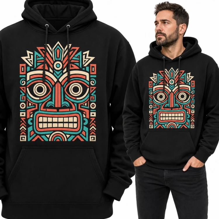 Bluza męska z kapturem - geometryczna maska tiki w stylu plemiennym