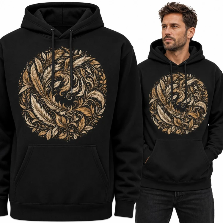 Bluza męska z kapturem - okrągła mandala ze złotych piór i liści