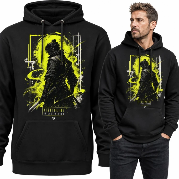Bluza męska z kapturem - samuraj z kataną i napis „Discipline builds freedom”