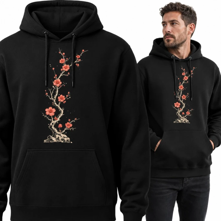 Bluza męska z kapturem - kwitnąca sakura na skale w japońskim stylu