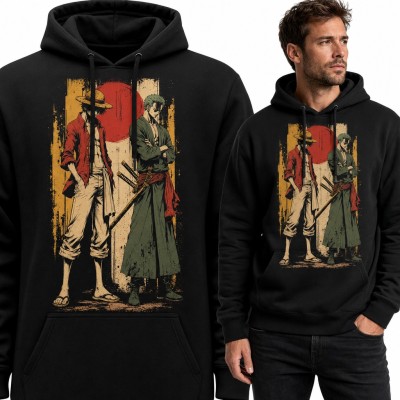 Bluza męska z kapturem - pirat w słomkowym kapeluszu i szermierz z kataną w stylu anime