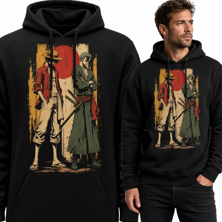 Bluza męska z kapturem - pirat w słomkowym kapeluszu i szermierz z kataną w stylu anime