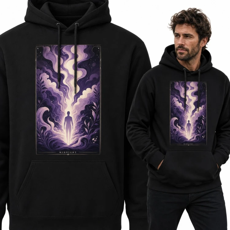 Bluza męska z kapturem - karta tarota „Midnight” z sylwetką w fioletowych płomieniach
