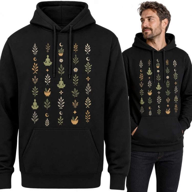 Bluza męska z kapturem - zioła, moździerze i medytacja w botanicznym wzorze