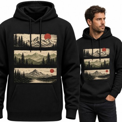 Bluza męska z kapturem - trzy górskie pejzaże z lasem i czerwonym słońcem