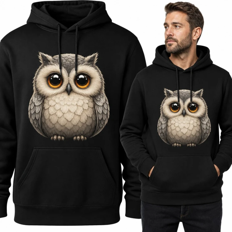 Bluza męska z kapturem - puchata sowa z wielkimi bursztynowymi oczami