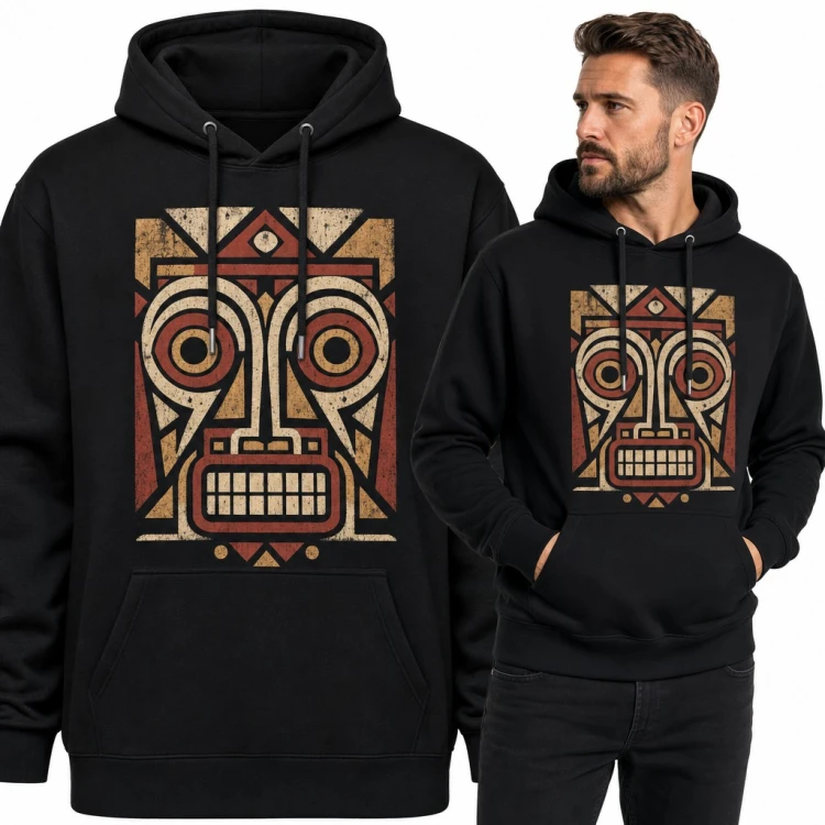 Bluza męska z kapturem - geometryczna maska tiki w plemiennym stylu