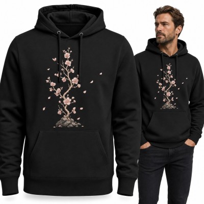 Bluza męska z kapturem - kwitnąca sakura na kamieniach z opadającymi płatkami