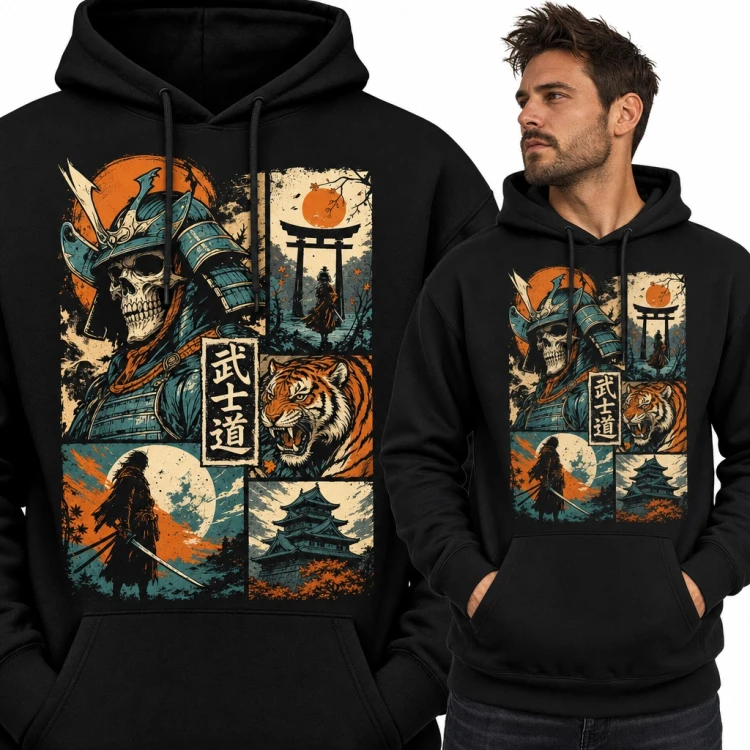 Bluza męska z kapturem - samuraj z czaszką, tygrys i napis „武士道”