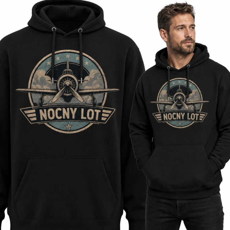 Bluza męska z kapturem - retro samolot śmigłowy „Nocny lot” dla pilota