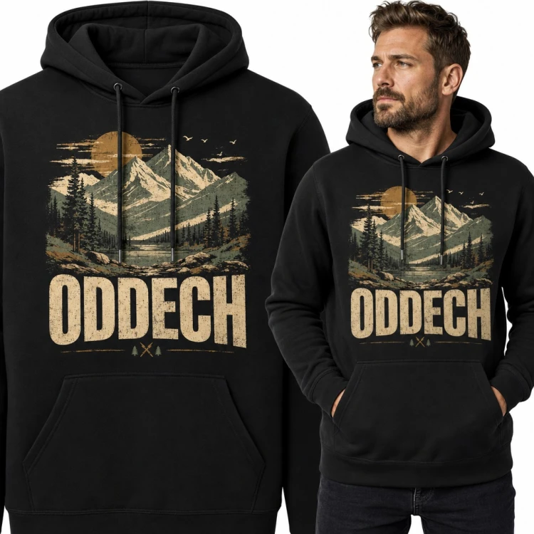 Bluza męska z kapturem - górski krajobraz z lasem i jeziorem „Oddech” dla turysty