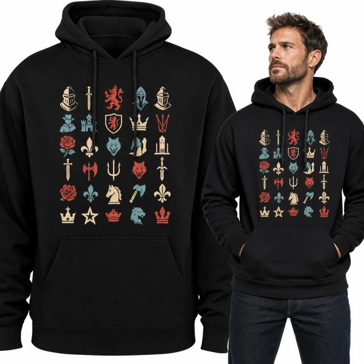 Bluza męska z kapturem - rycerskie symbole heraldyczne z hełmami, mieczami i koronami