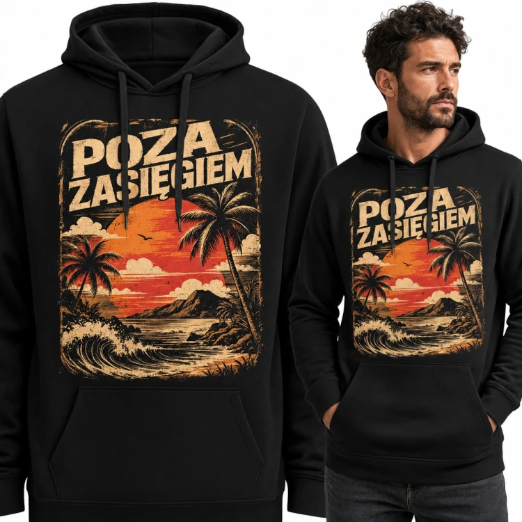 Bluza męska z kapturem „Poza zasięgiem” - tropikalna plaża z palmami w stylu retro