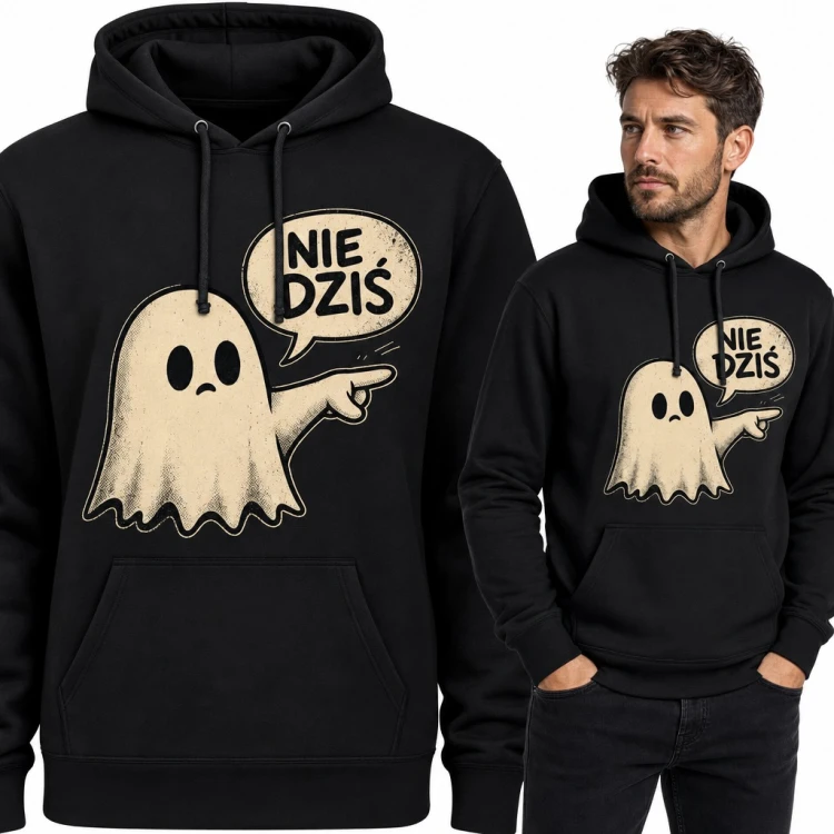 Bluza męska z kapturem - smutny duszek w stylu retro z dymkiem „Nie dziś”