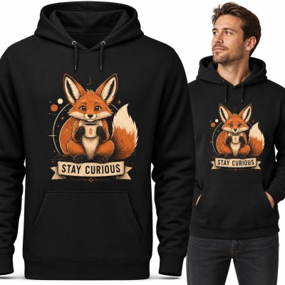 Bluza męska z kapturem - lisek z kubkiem kawy i napis „Stay curious”