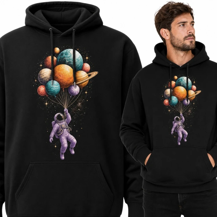 Bluza męska z kapturem - astronauta lecący na planetach-balonach