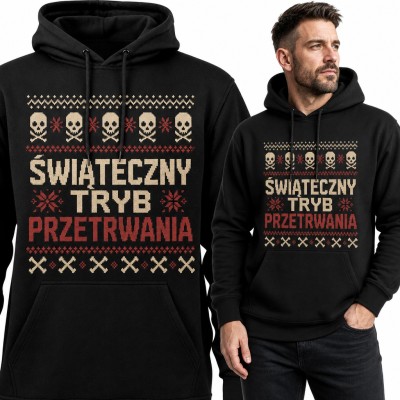 Bluza męska z kapturem „Świąteczny tryb przetrwania” - sweterkowy wzór z czaszkami