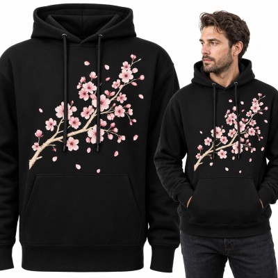 Bluza męska z kapturem - gałązka kwitnącej wiśni sakura z opadającymi płatkami