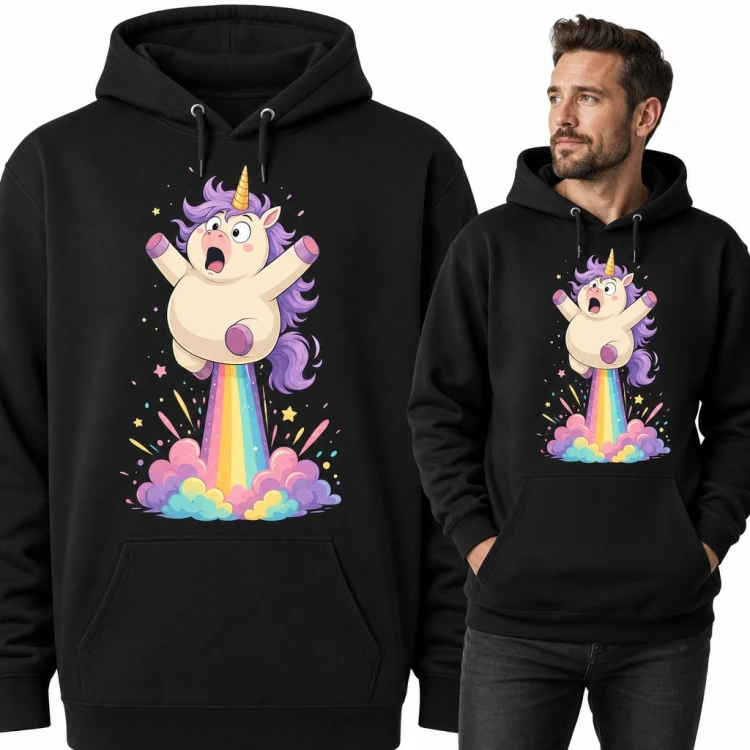 Bluza męska z kapturem - zaskoczony jednorożec wystrzelony na tęczy