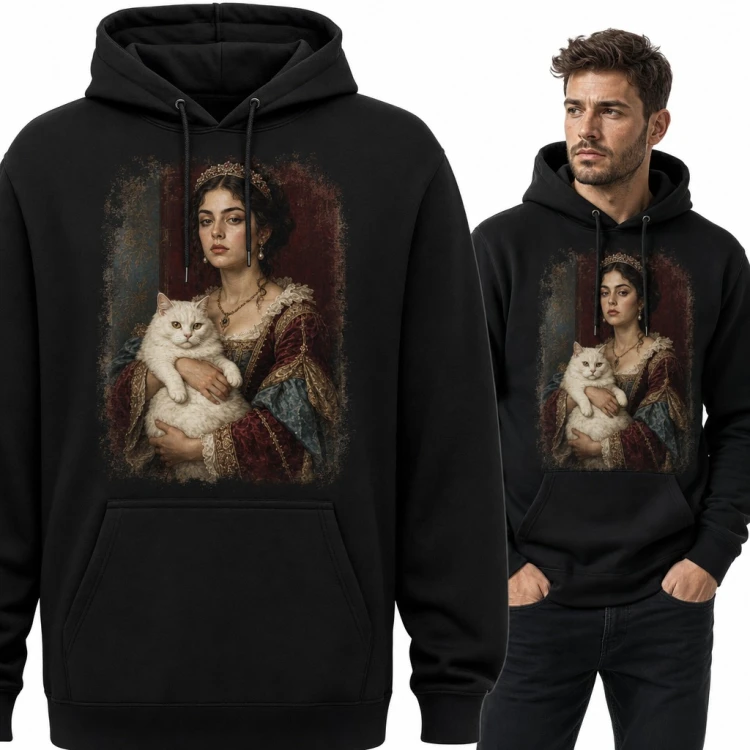 Bluza męska z kapturem - renesansowy portret królowej z białym kotem