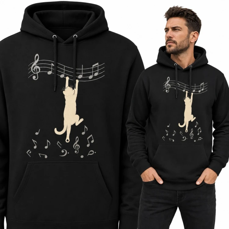 Bluza męska z kapturem - kot wiszący na pięciolinii wśród spadających nut