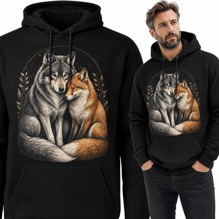 Bluza męska z kapturem - wilk i lis przytuleni w leśnej ilustracji