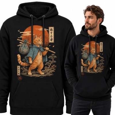 Bluza męska z kapturem - rudy kot wędrowiec z tobołkiem w japońskim stylu