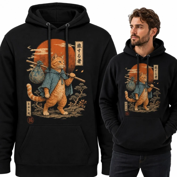Bluza męska z kapturem - rudy kot wędrowiec z tobołkiem w japońskim stylu