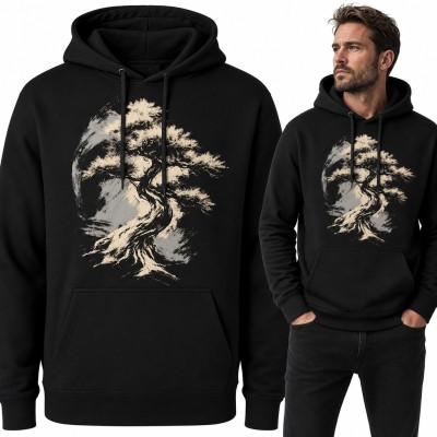 Bluza męska z kapturem - drzewko bonsai malowane tuszem na tle księżyca