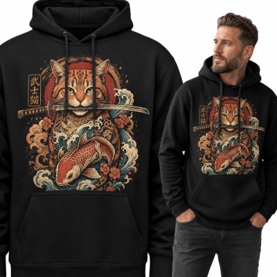 Bluza męska z kapturem - kot z mieczem katana na tle japońskich fal