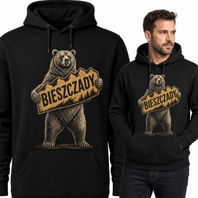 Bluza męska z kapturem z niedźwiedziem brunatnym i napisem „Bieszczady” - prezent dla turysty