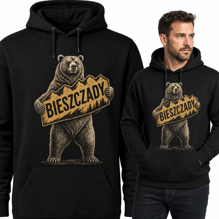 Bluza męska z kapturem z niedźwiedziem brunatnym i napisem „Bieszczady” - prezent dla turysty